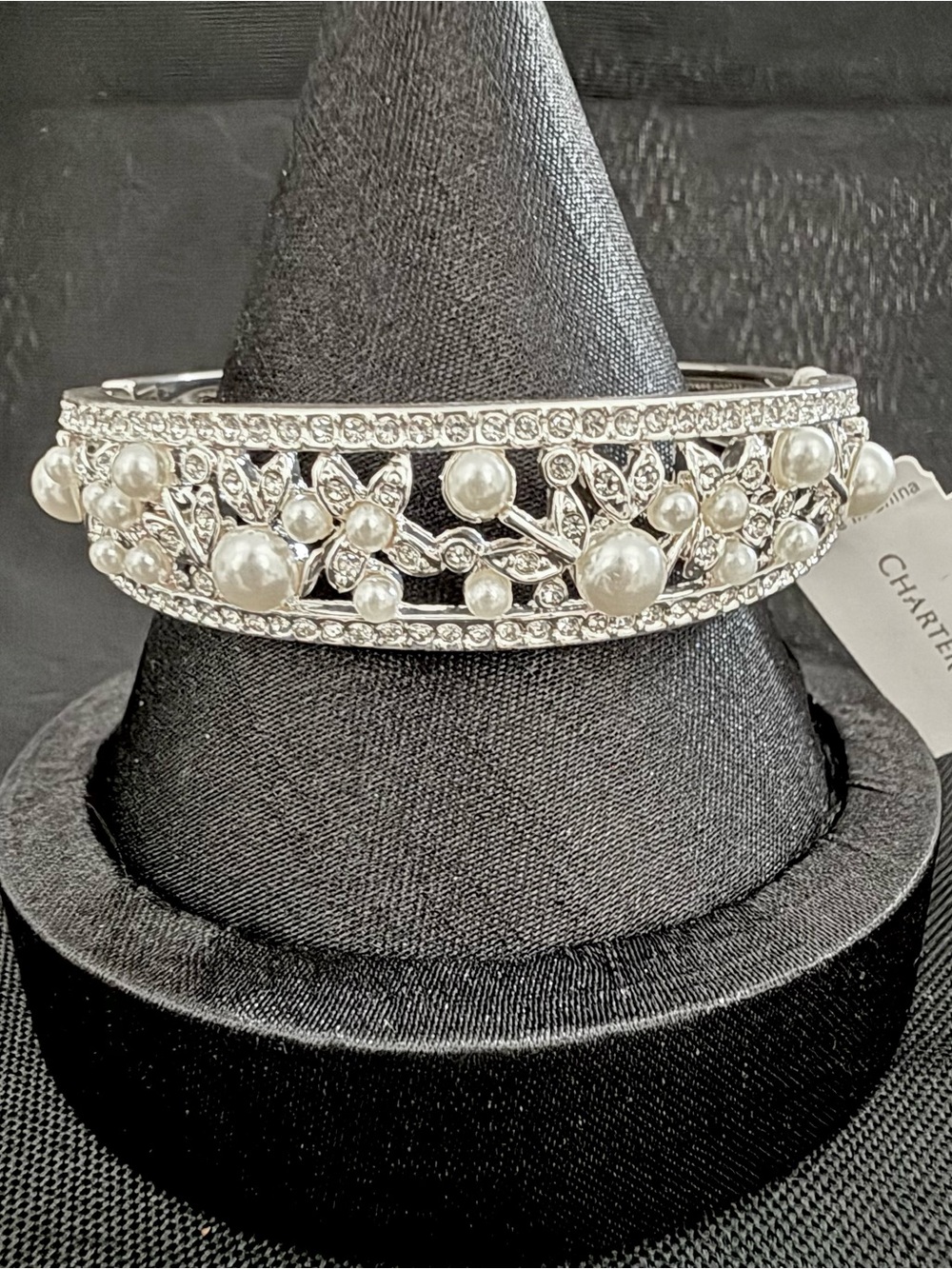 Charter Club Silver Tone Faux Pearl Rhinestone Floral Hinged Cuff Bracelet NWT
